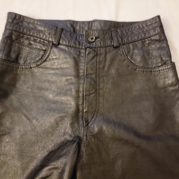 GUESS REAL LEATHER JEANS Y2K Zip Ankle Triangle Pants Black MOTO - Picture 1 of 15